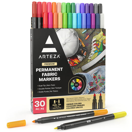 ARTEZA Fabric Markers, Set of 30, Colored Permanent Textile Markers, Dual-Tip Pens for Coloring T-Shirts, Jeans, Jackets, Backpacks