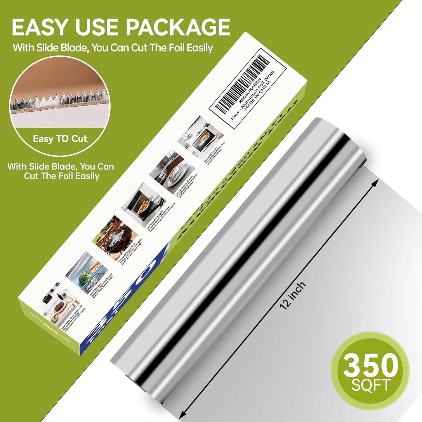 Aluminum Foil Roll - 12" x 350ft Heavy-Duty Food Safe Foil with Cutter for Cooking & Baking