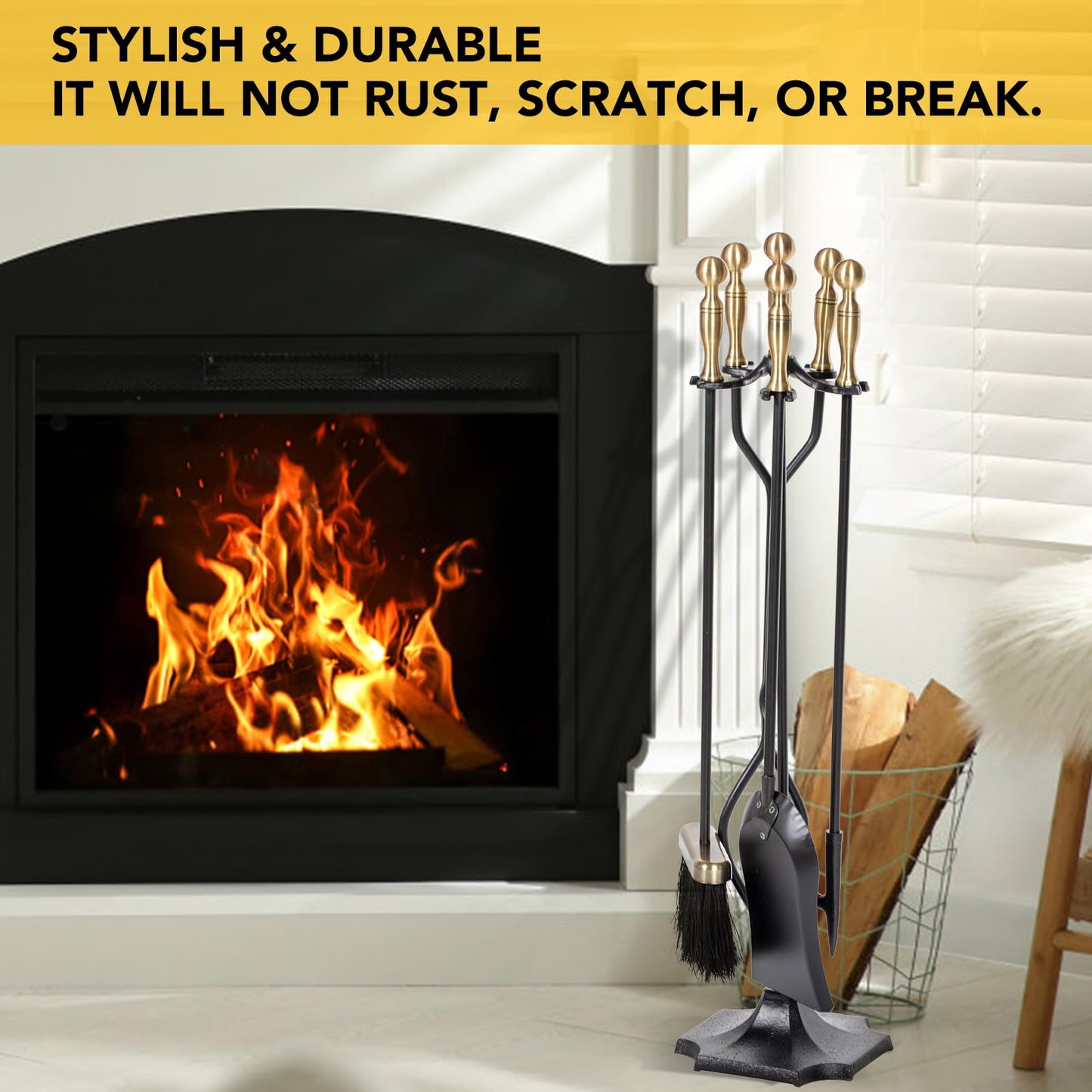 nalone 5 Pieces Fireplace Tools Set, Brass Handles Wrought Iron Fireplace Accessories Set with Poker, Tong, Shovel, Brush, Fire Place Tools Indoor Outdoor (Antique Bronze)