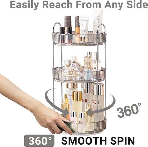 Asayuee 360 Rotating Makeup Organizer - Large 3-Tier Storage for Bathroom & Cosmetics | Grey