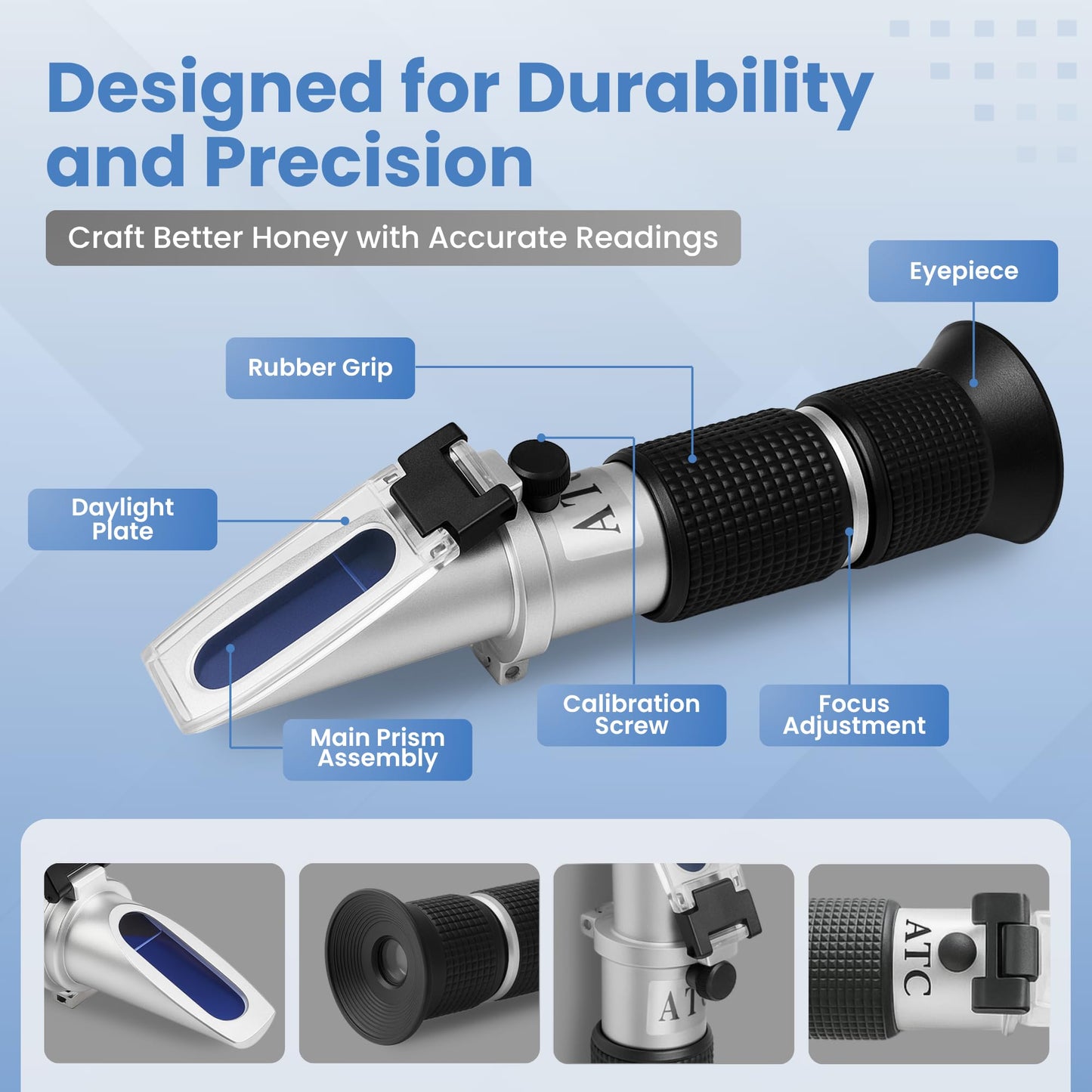 3-in-1 Honey Refractometer with ATC – Brix 58-90%, Baume 38-43%, Moisture 12-27% – Easy to Calibrate, Reliable, and Accurate Tester for Honey, Maple Syrup, Molasses, and More – Ideal for Beekeepers