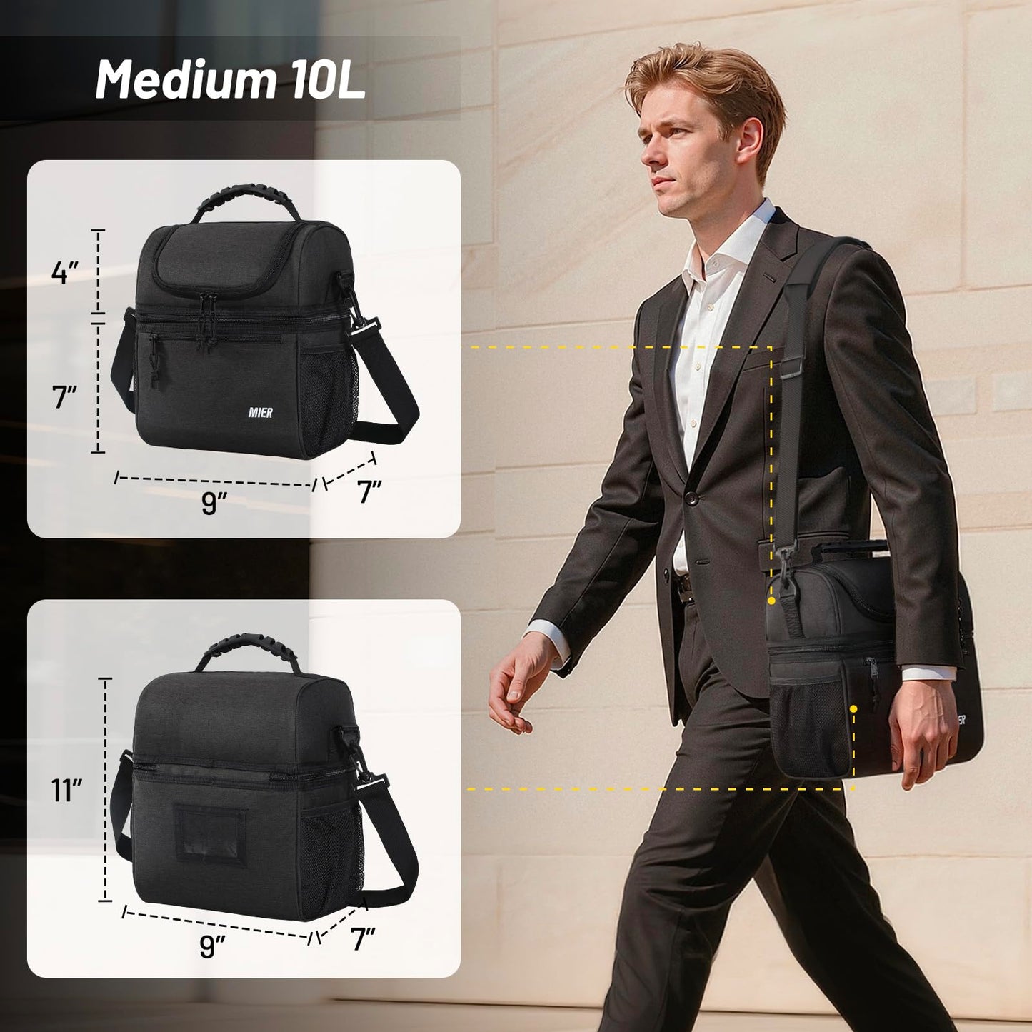 MIER 2 Compartment Lunch Bag for Men Women, Leakproof Insulated Cooler Bag for Work, Dark Grey, Medium