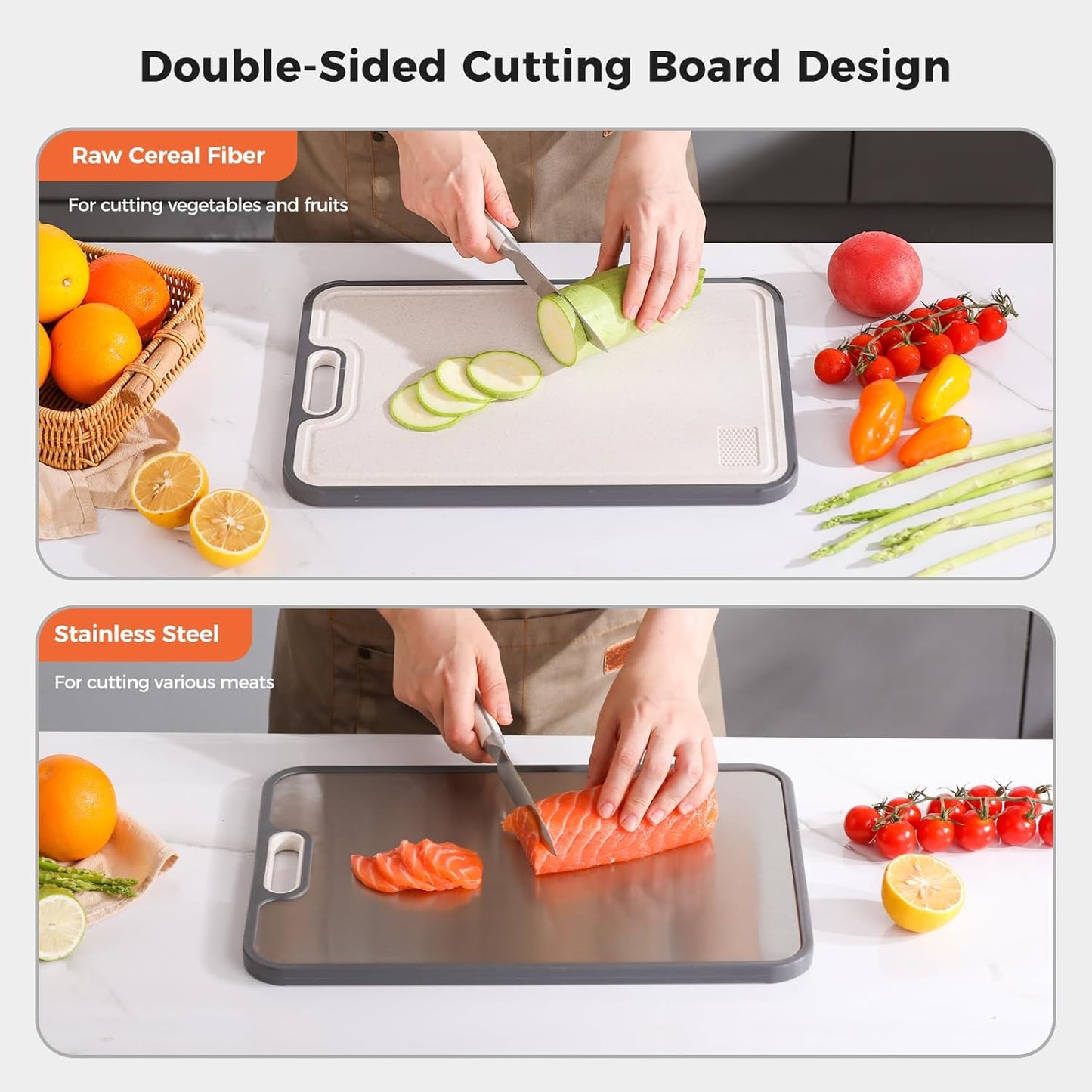 Skiennix Stainless Steel Cutting Board - Double-Sided Food Grade Design | Large 15" x 10" Non-Toxic Chopping Board