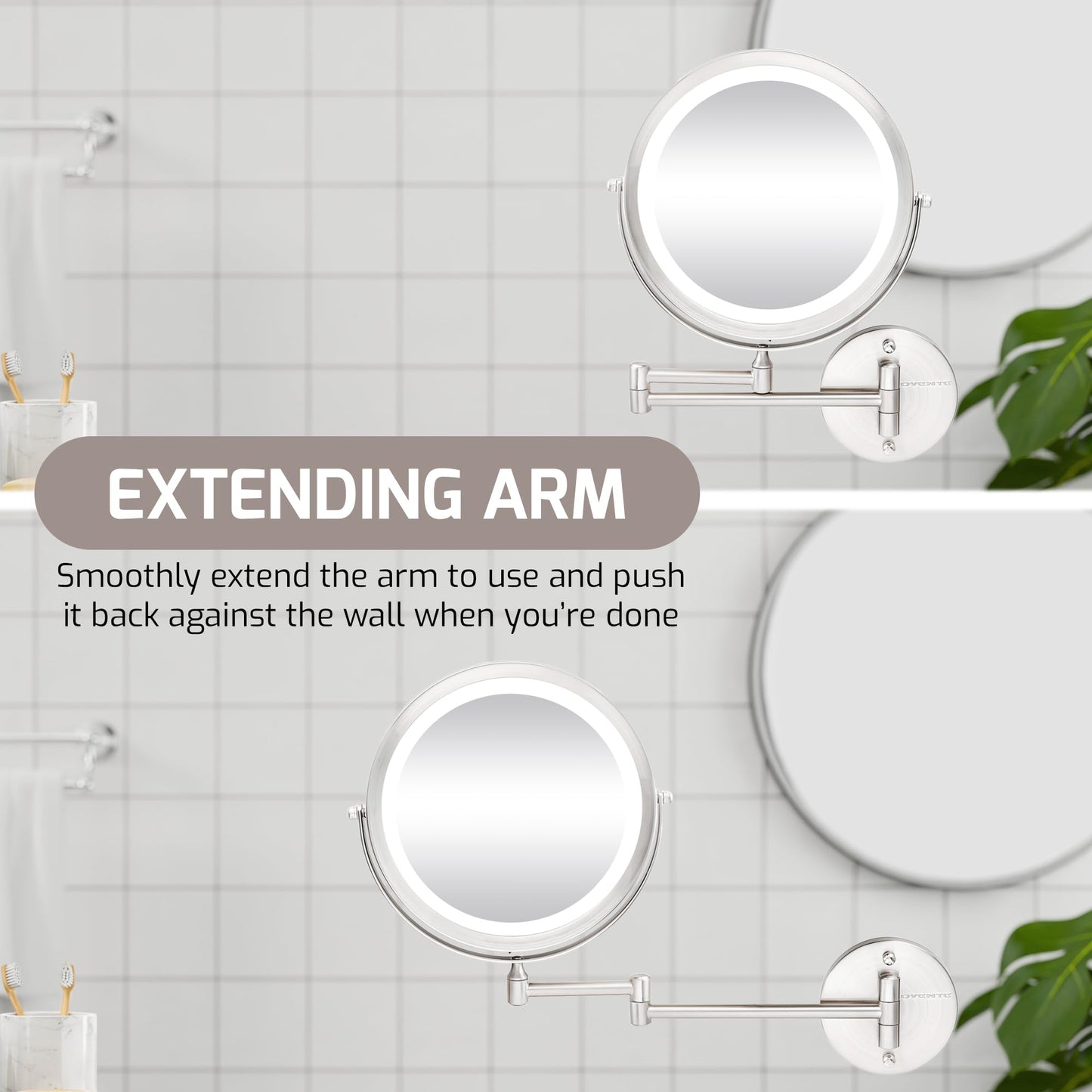 OVENTE Wall Mounted Lighted Makeup Mirror, 9" Double Sided 1X/10X Magnifying Vanity Mirror for Bathroom with LED Lights, Cordless, 360° Rotation and 13" Extendable Arm, Nickel Brushed MFW85BR1X10X