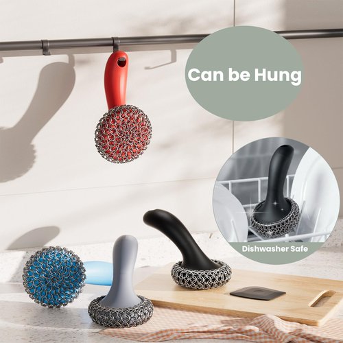Cast Iron Scrubber with Long Handle | 316 Cast Iron Cleaner Chainmail Scrubber for Cast Iron Pan Skillet Cleaner - Dish Scouring Pad Dishwasher Safe Cleaning Kit (Black, 1 Scrubber + 1 Scraper)