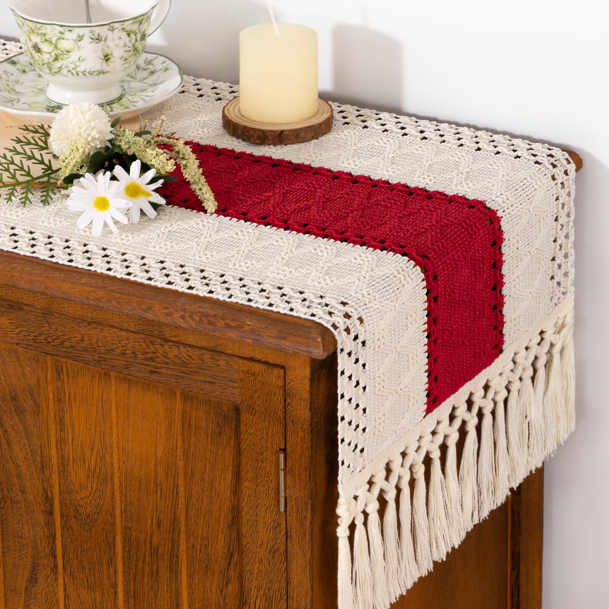 Socomi Boho Table Runner Macrame Long Summer Farmhouse Woven Cotton Linen Rustic Coffee Table Runner with Tassels for Dresser Scarf Home Decor Dining Room 12x108 in Red Ivory
