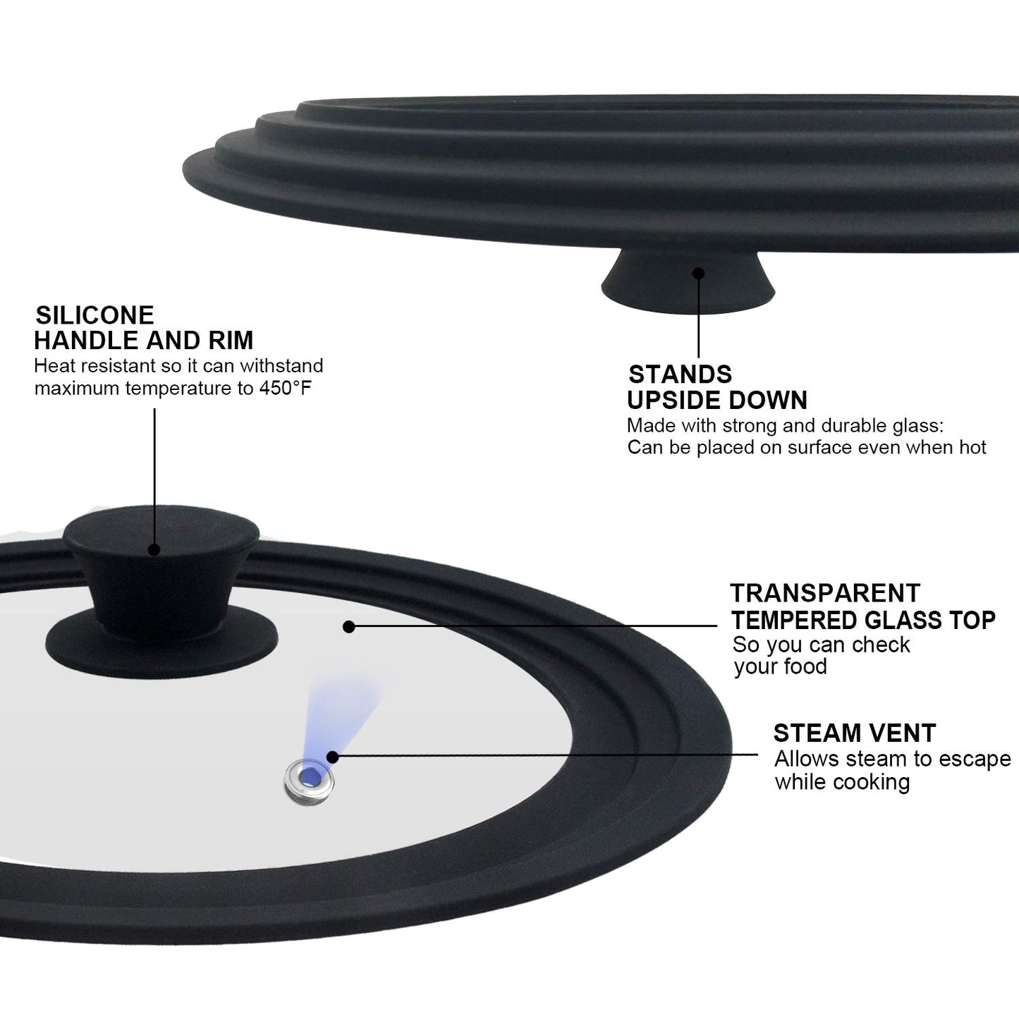 Universal Lid for Pots, Pans and Skillets & Frying Pan - Small Pan lids Fits 6.5", 7" and 8" Diameter Cookware - Tempered Glass with Heat Resistant Silicone Rim