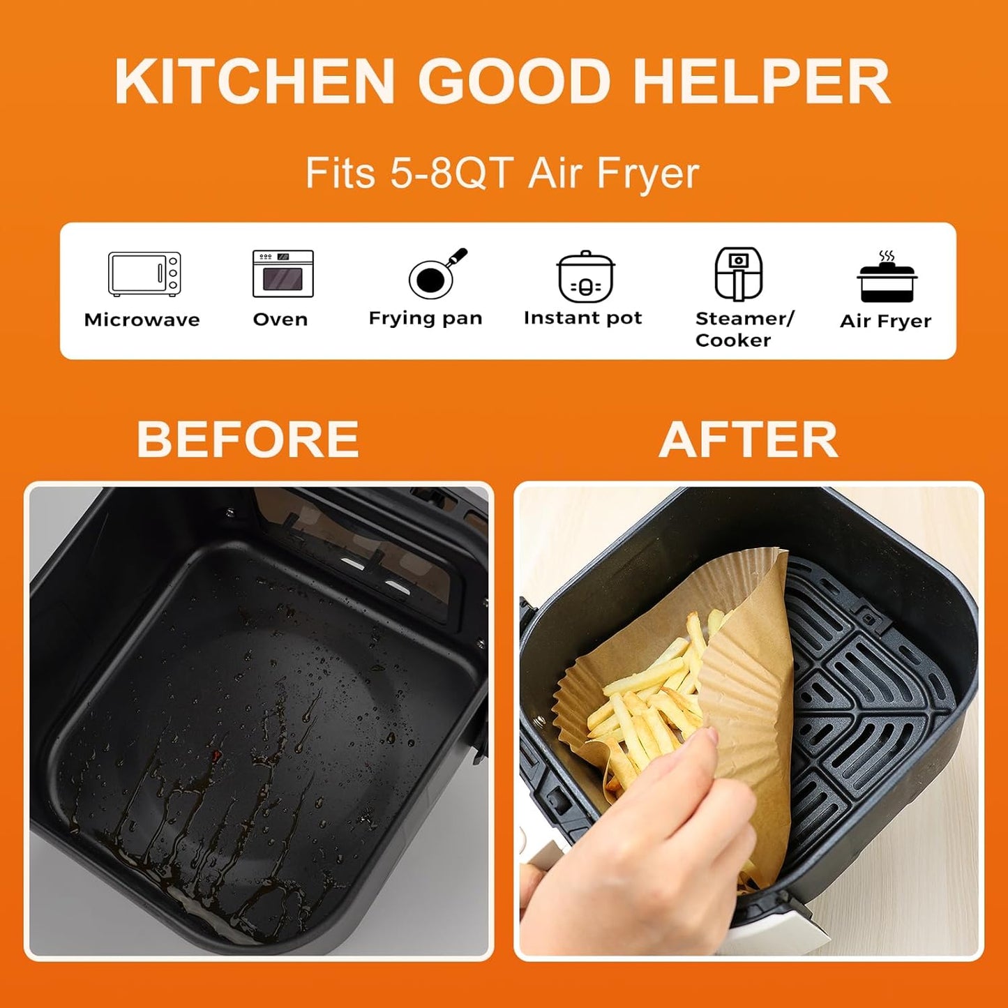 Air Fryer Liners | 200 Pcs Unbleached Parchment Paper, Non-Stick & Waterproof for 5-8 QT Baskets