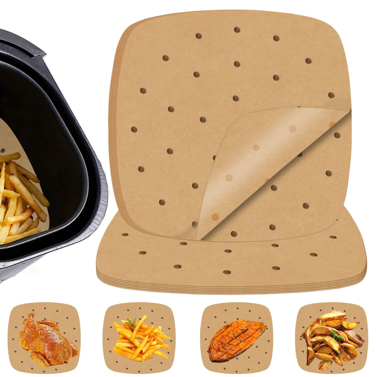 Numola 100 Pcs Air Fryer Liners Disposable Parchment Paper, 9 Inch Perforated Airfryer Sheets for Baking, Square Unbleached Non-Stick Steamer Liner for Oven, Microwave, Steaming Basket