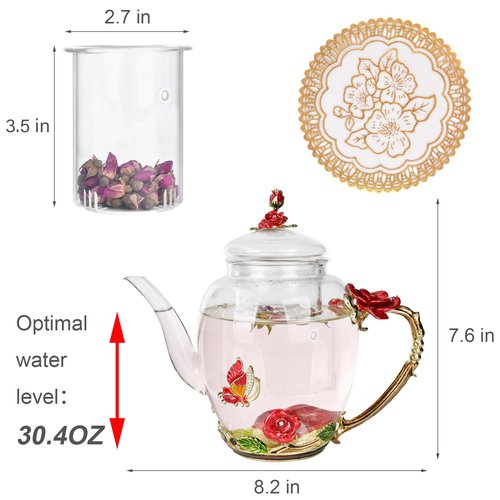 Enamel Glass Flower Tea Pot With Removable Loose Tea Leaf Infuser Tea Maker Teapot Set 30.4OZ Gifts for Women,Mom,Birthday