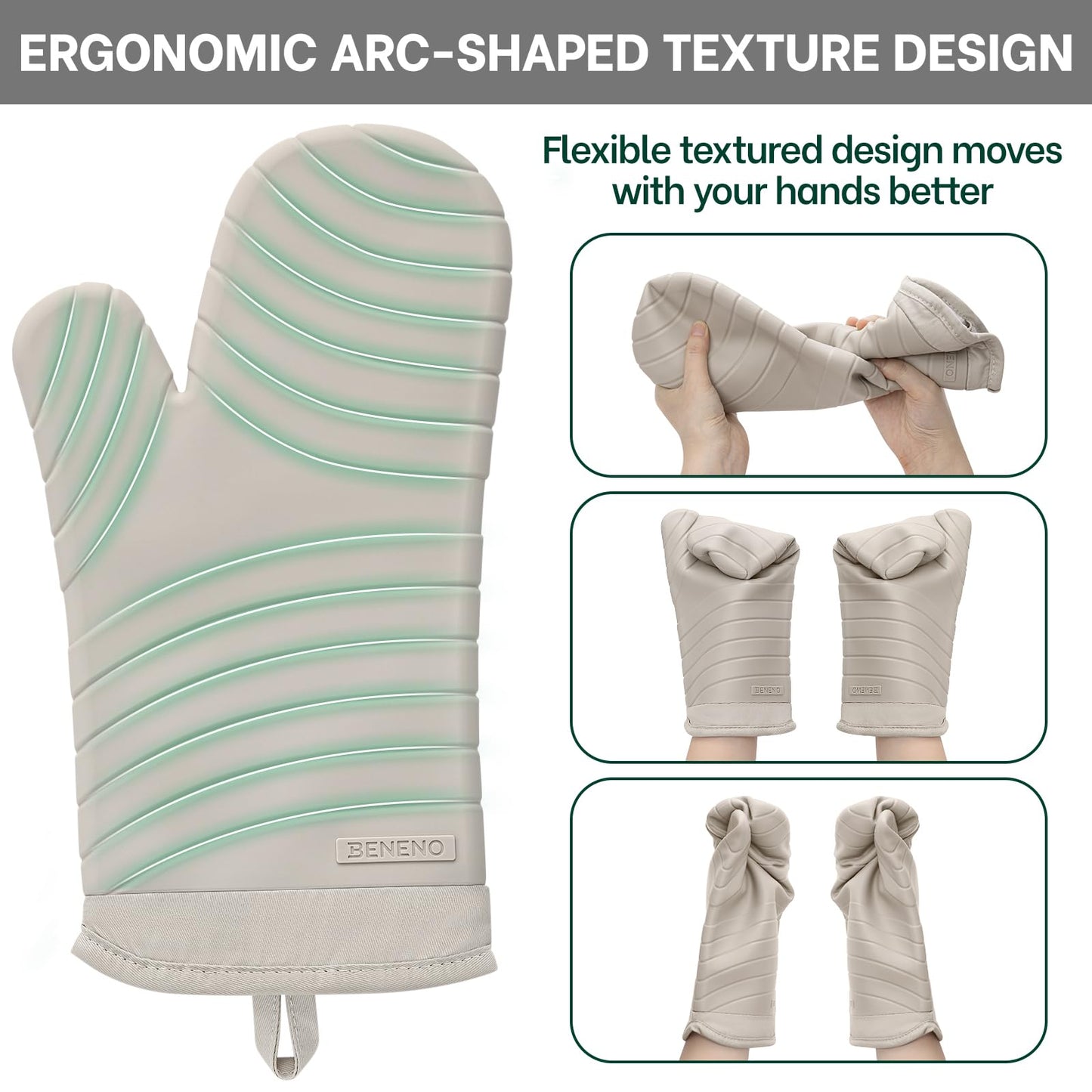 Beneno BPA-Free Silicone Oven Mitt 2-Pack Set, Heat Resistant 500°F Oven Mitts with Non-Slip Grip, Soft Thicker Lining, 7"x13", Beige