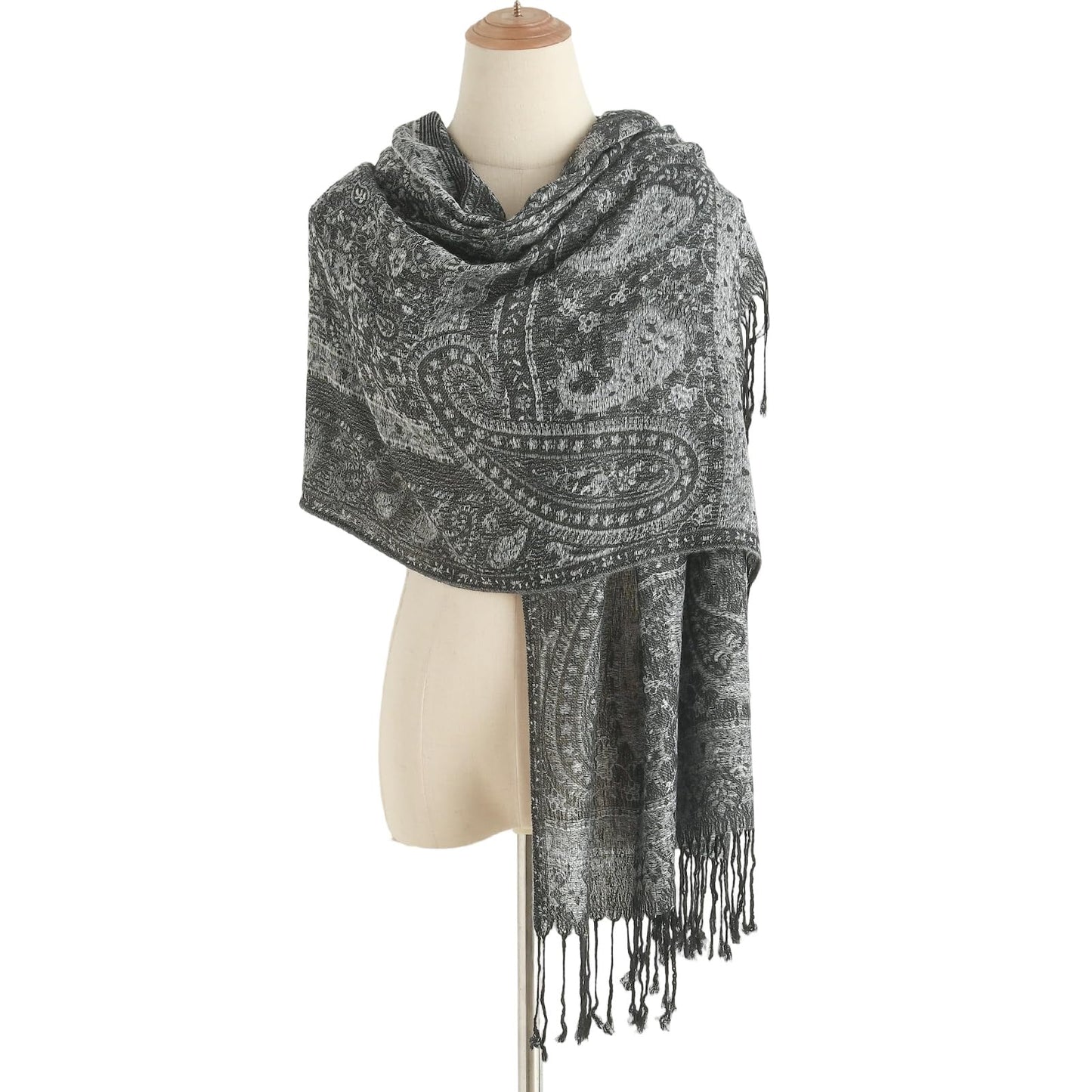 Rave Pashmina Scarf-Winter Warm Paisley Jacquard Pashmina Shawls and Wraps with Fringes(Sy3-Black Silver)