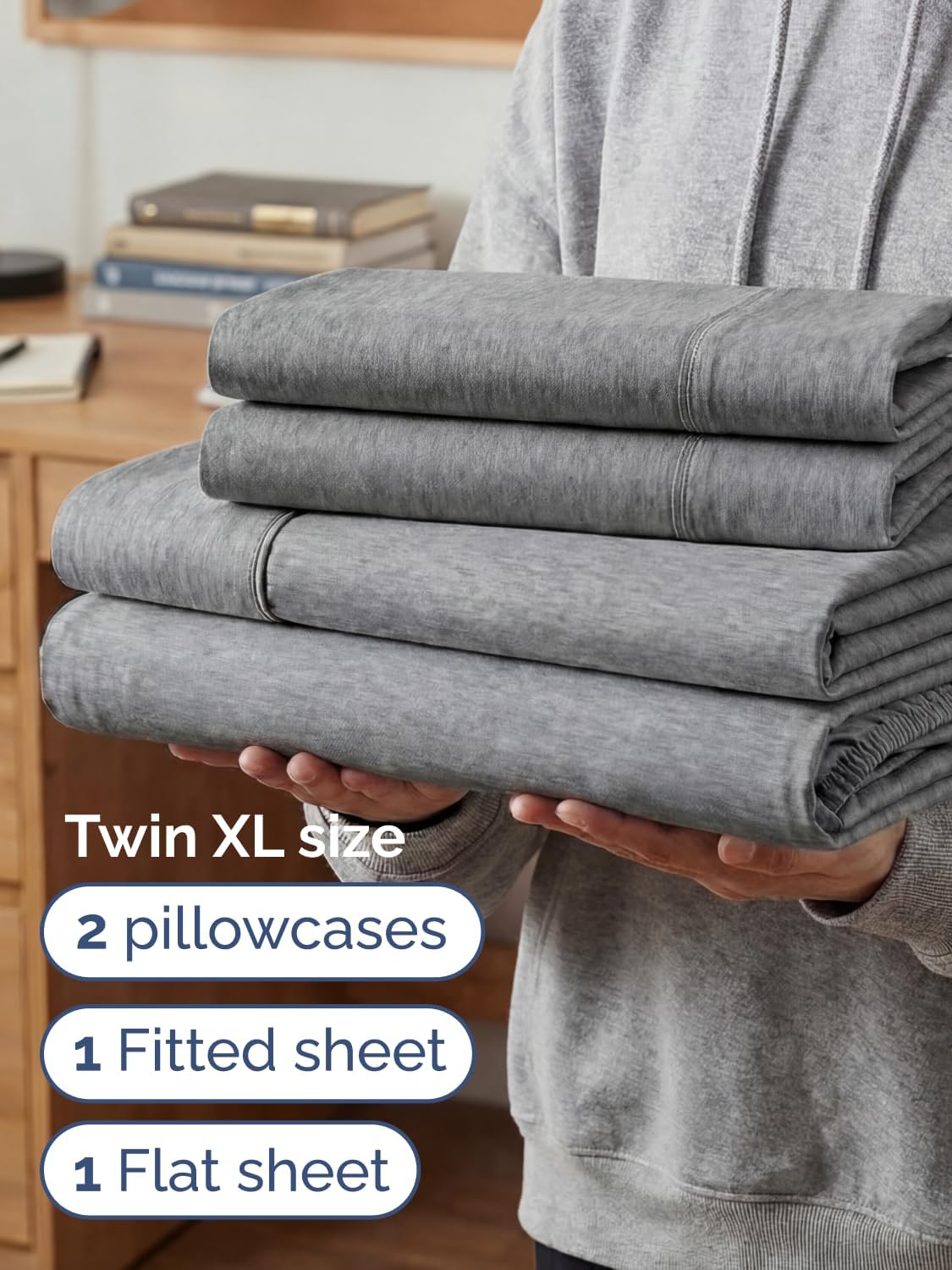 Skiennix Extra Deep Twin XL Sheet Set | 4-Piece Breathable Cooling Bedding - Soft, Wrinkle-Free, Heathered Grey