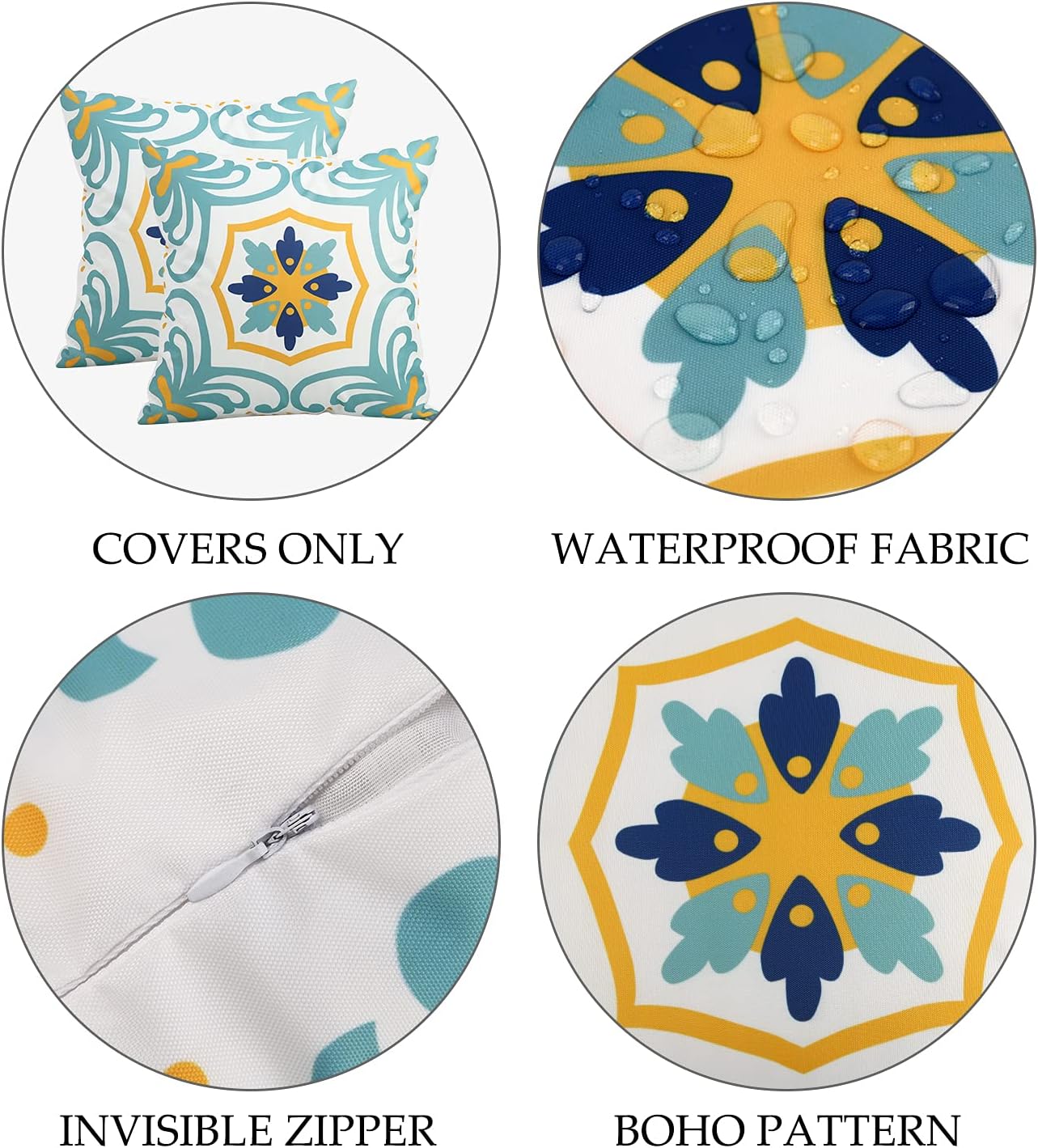 Pyonic Outdoor Pillow Covers - Waterproof 16x16 Spring/Summer Garden Cushion Cases | Set of 4, Blue