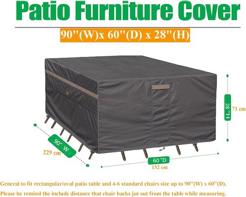 Heavy Duty Waterproof Patio Furniture Covers - UV Resistant Rectangular Table & Chair Set | 90" Wx 60" D x 28" H - Dark Grey