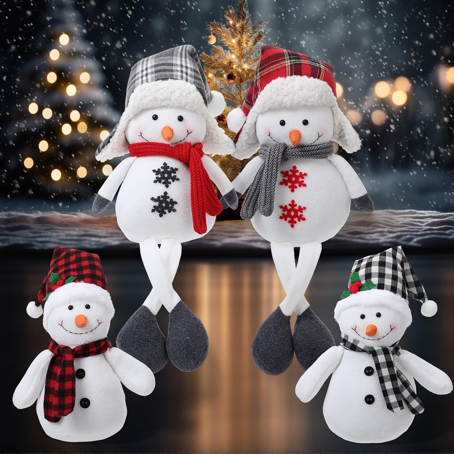 Yuntau Plush Snowman Decor - 4 Pack Sitting Winter Snowmen with Scarf & Hat | Rustic Holiday Ornaments