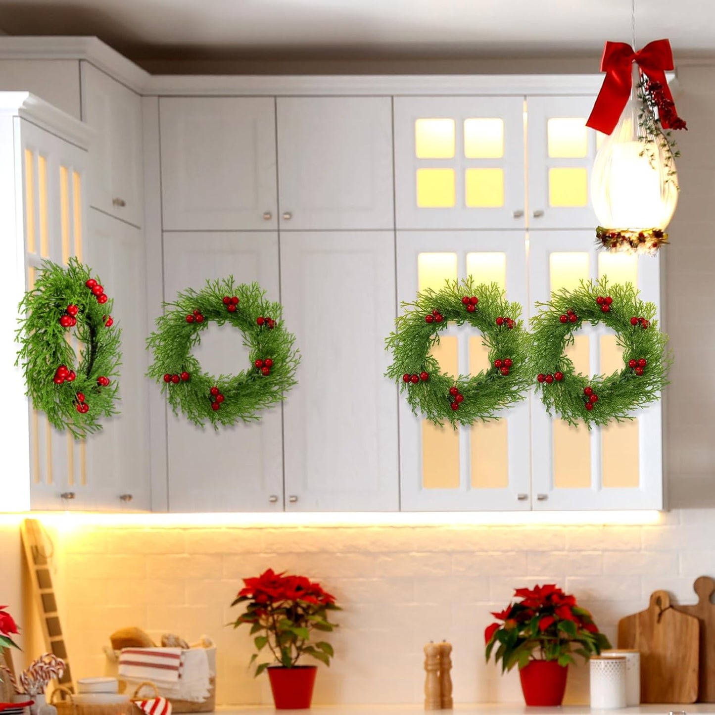 Knitgrip 8 Pcs Small Christmas Wreaths - Red Berry Artificial Cedar Candle Rings | 8.27" Mini Holiday Decor
