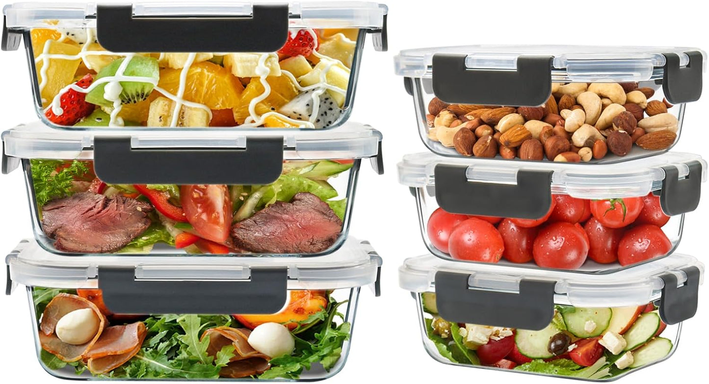 Skiennix Glass Food Storage Containers - 6 Pack Airtight Meal Prep Containers, BPA Free (Grey)