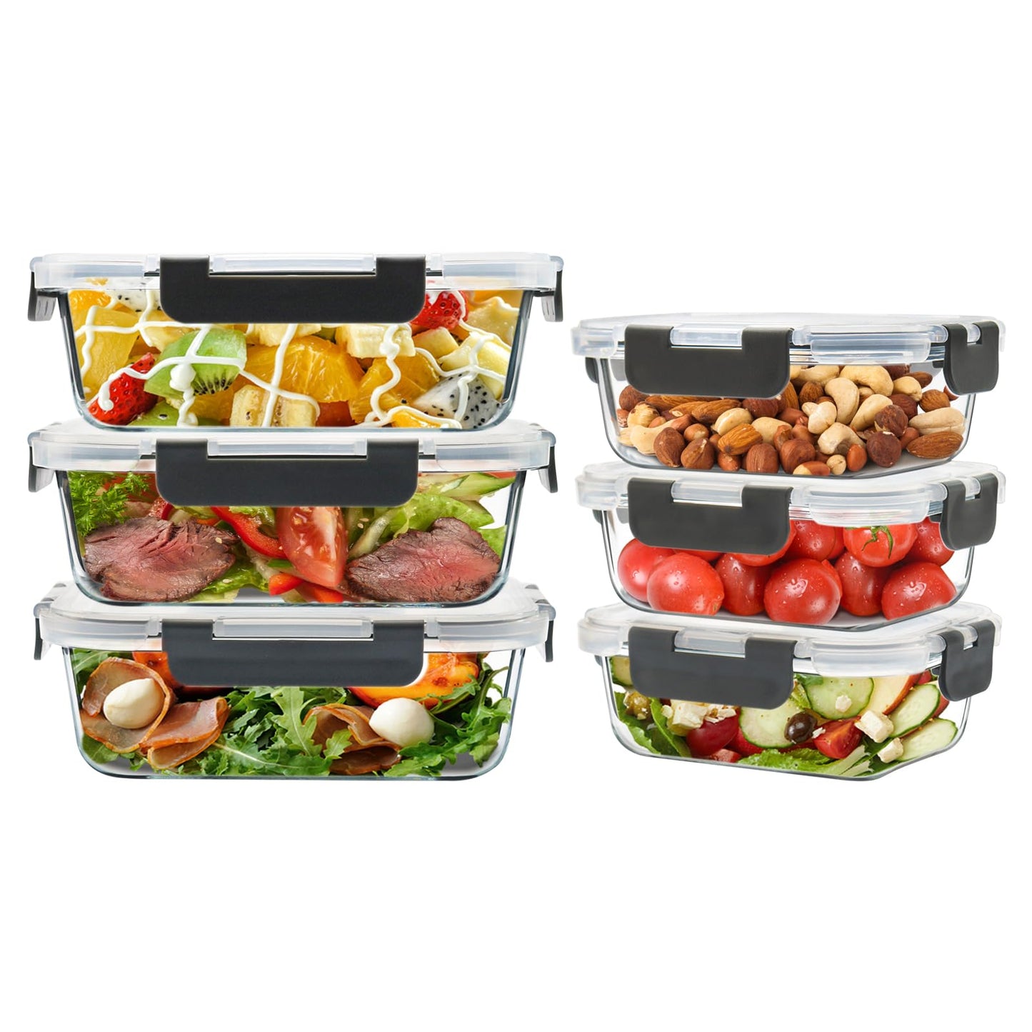 SOACOAKO 6 Pack Glass Food Storage Containers with Airtight Lids, Meal Prep Containers for Lunch, Leftovers, BPA Free (Grey)