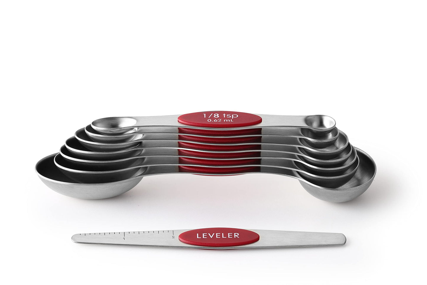Spring Chef Red Stainless Steel Magnetic Measuring Spoons Set of 8 with Leveler, Dual Sided Nesting Teaspoon & Tablespoon Measuring Spoons, Kitchen Gadgets for Baking & Cooking, Fits in Spice Jars