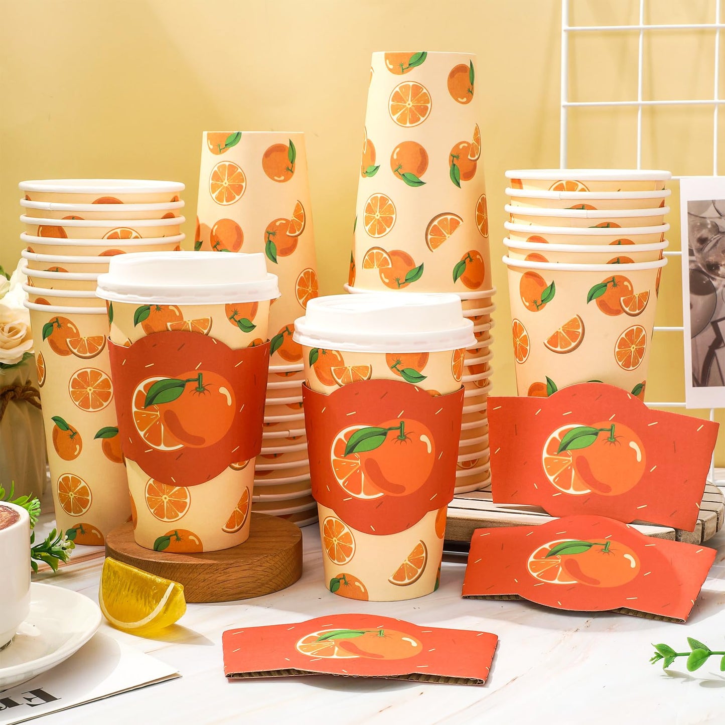 JarThenaAMCS 48 Set Little Cutie Disposable Coffee Cups with Lids and Sleeves Orange Paper Cups Cute Drinking Cup for Baby Shower Birthday Party Supplies