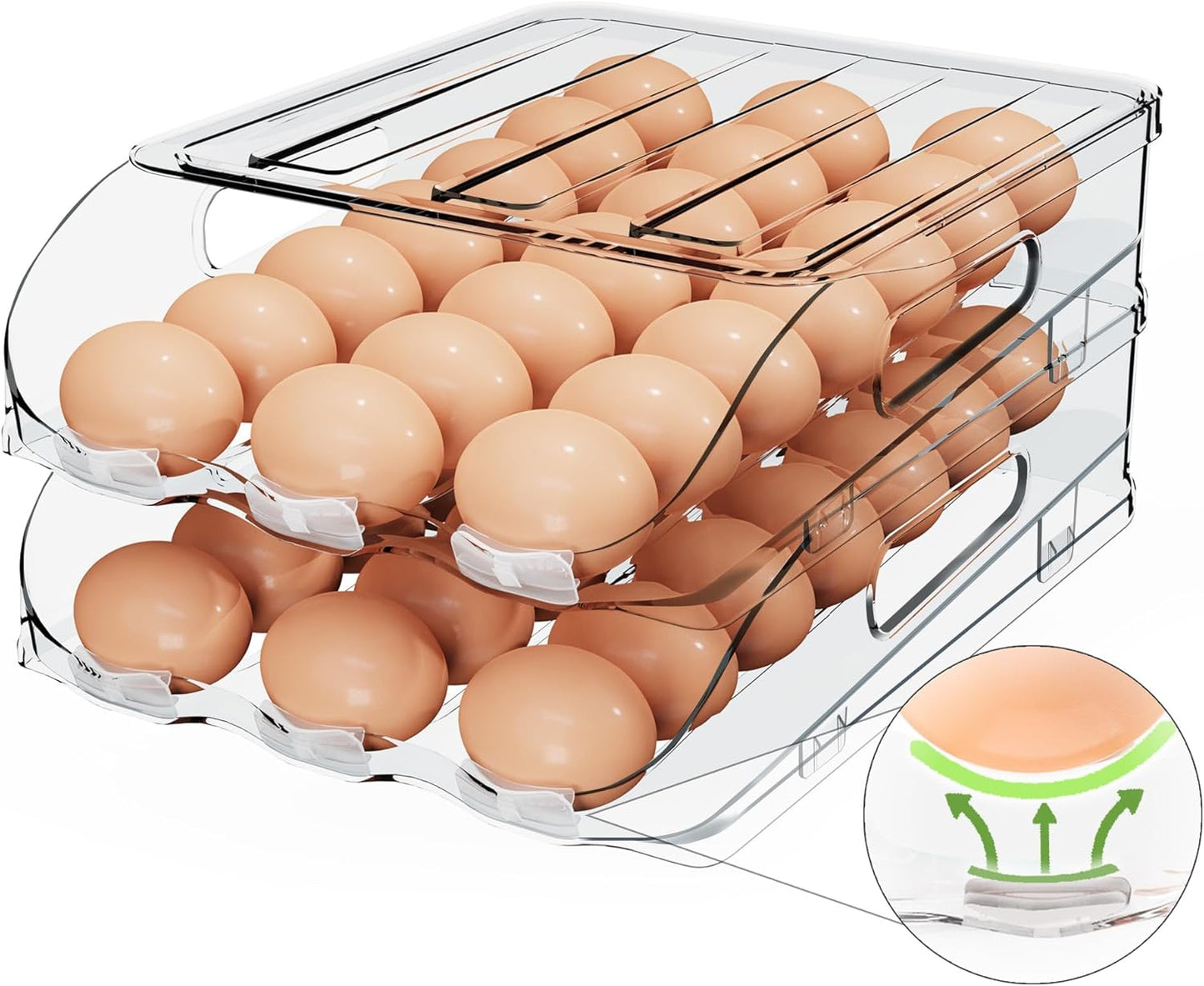 SMRCAD Egg Holder - Automatic Rolling Egg Dispenser with Silicone Bumpers & Lid | Large Capacity for Fridge
