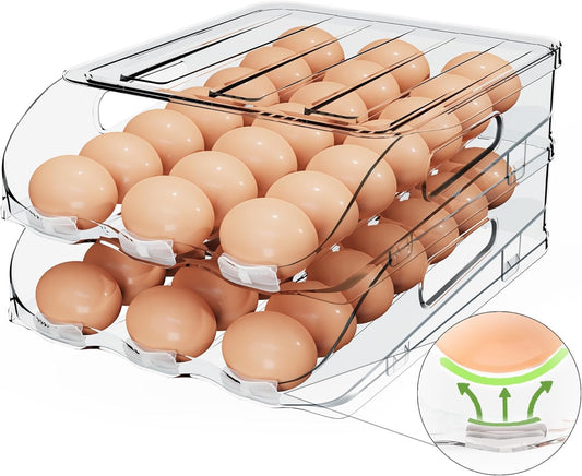 SMRCAD Egg Holder - Automatic Rolling Egg Dispenser with Silicone Bumpers & Lid | Large Capacity for Fridge