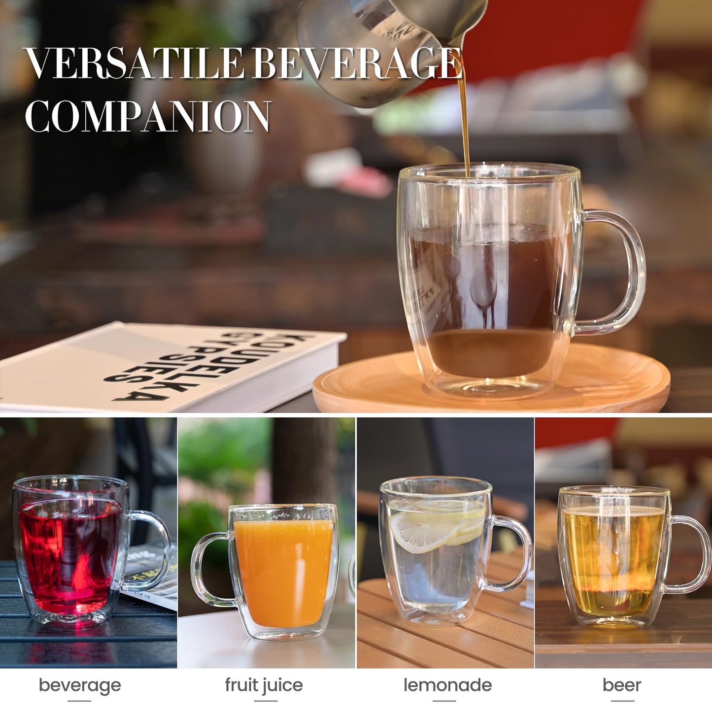 YUNCANG Double Wall Coffee Mugs, (4-Pcak) 16 Ounces-Clear Glass with Handle,lnsulated,Cappuccino,Tea,LatteCups,Beverage Glasses Heat Resistant