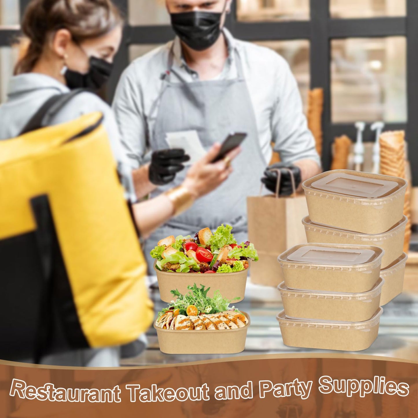 Hokimder 50 Pack 25oz Compostable Take Out Paper Food Cardboard Containers with Lids, Disposable Kraft Paper to Go Boxs, Microwave and Freezer Storage Safe for Salad, Leftovers, Soup, Snack-750ml