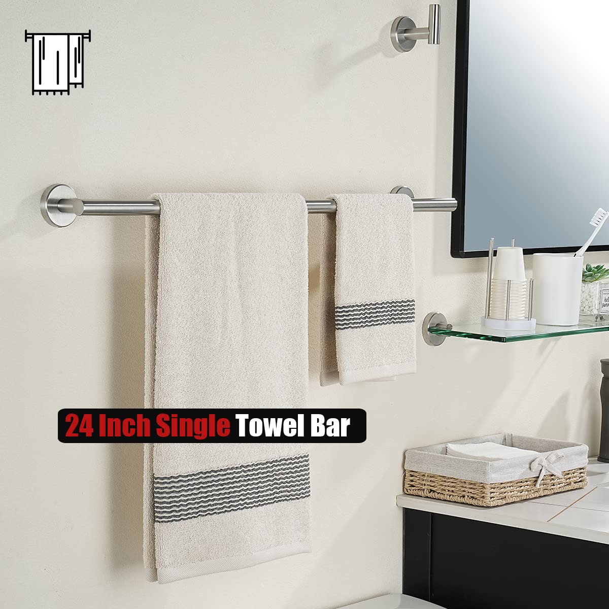 JQK Bath Towel Bar, 24 Inch 304 Stainless Steel Thicken 0.8mm Towel Rack Bathroom, Towel Holder Brushed Finished Wall Mount, Total Length 27 Inch 2 Pack, TB110L24-BN-P2