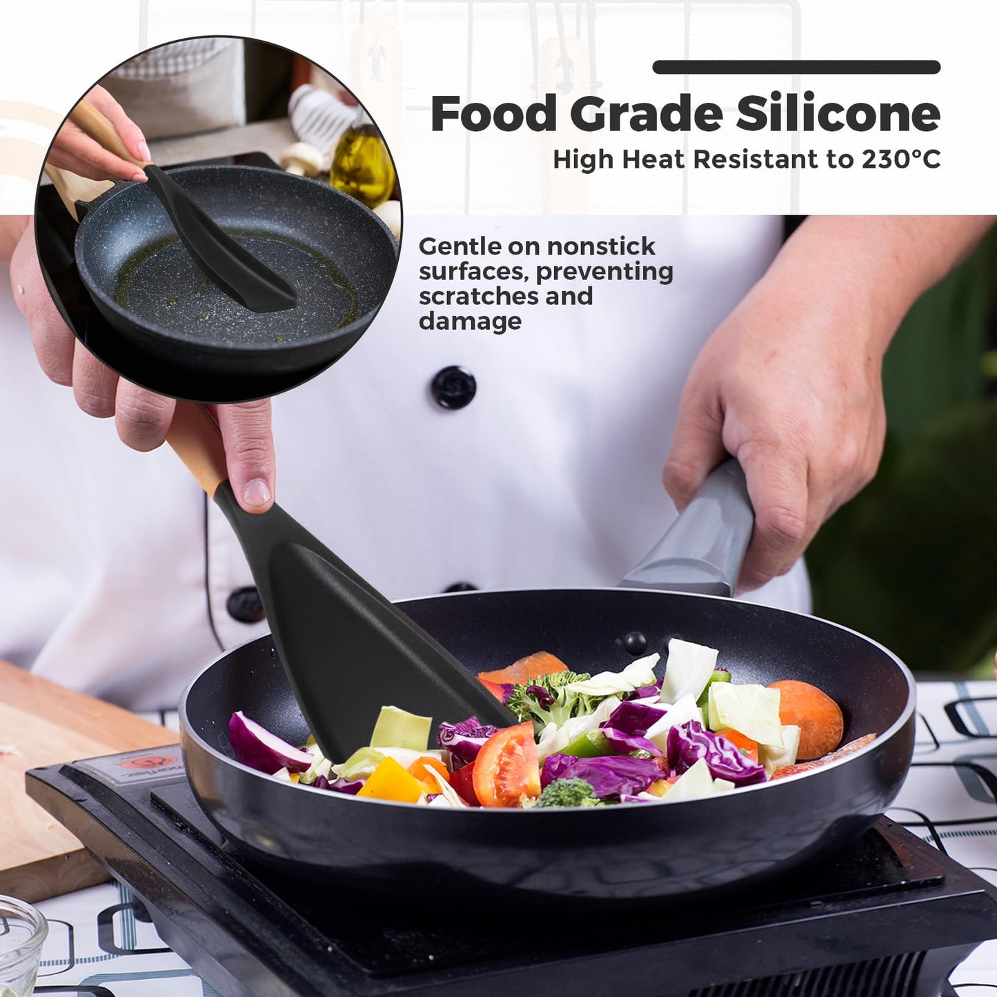 Reallnaive 4 Pcs Silicone Cooking Spoons for Nonstick Cookware 12 Inch Multifunction Spatula Spoon with Wood Handle for Cooking, Serving, Mixing, Scoop, and Scrape(Black)
