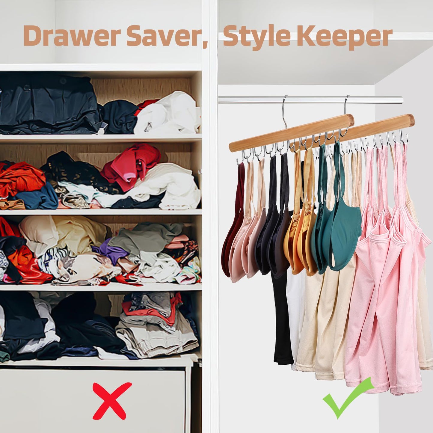 NECAMOCU 2 Pack Bra Hanger for Closet Organizer, Premium Wooden Tank Top Hangers with 36 Foldable Hooks, 360° Rotating Design, Space Saving Storage for Tank Tops, Bras, Scarves and More