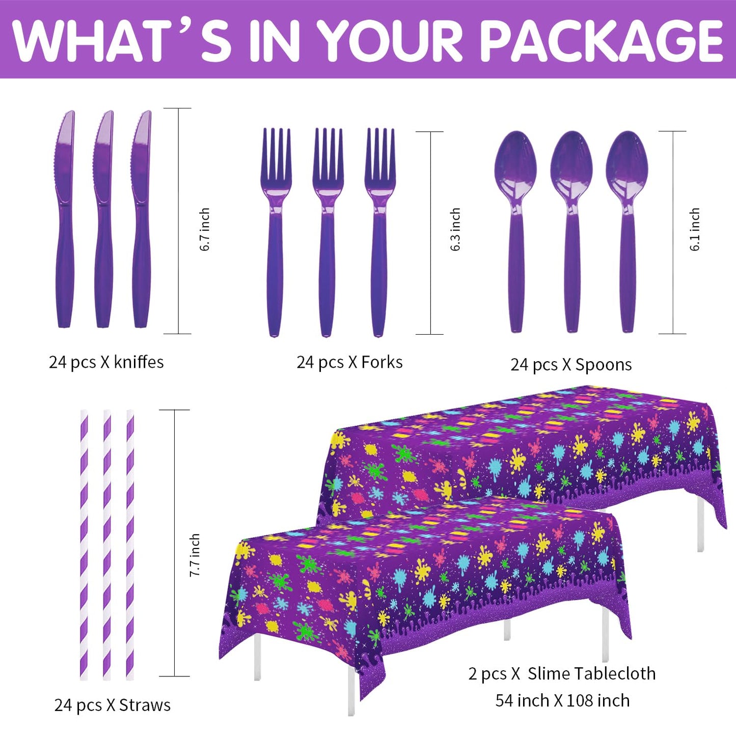 Suhelkit Slime Birthday Party Decorations Tableware - Slime Party Supplies, Plate, Cup, Napkin, Tablecloth, Cutlery, Purple Glitter Slime Splatter Splash Colorful Theme Table Decorations | Serve 24