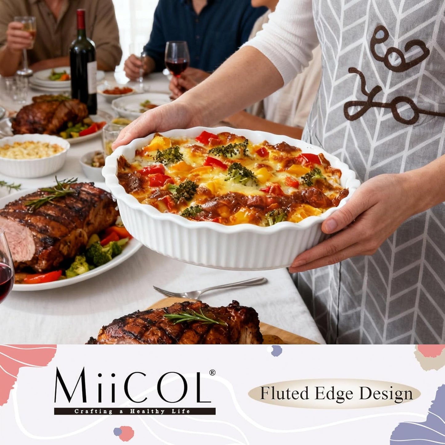 Miicol White Ceramic Pie Pan - 9 Inch Round Baking Dish with Ripple Edge | 50 oz Capacity for Quiche & Pies