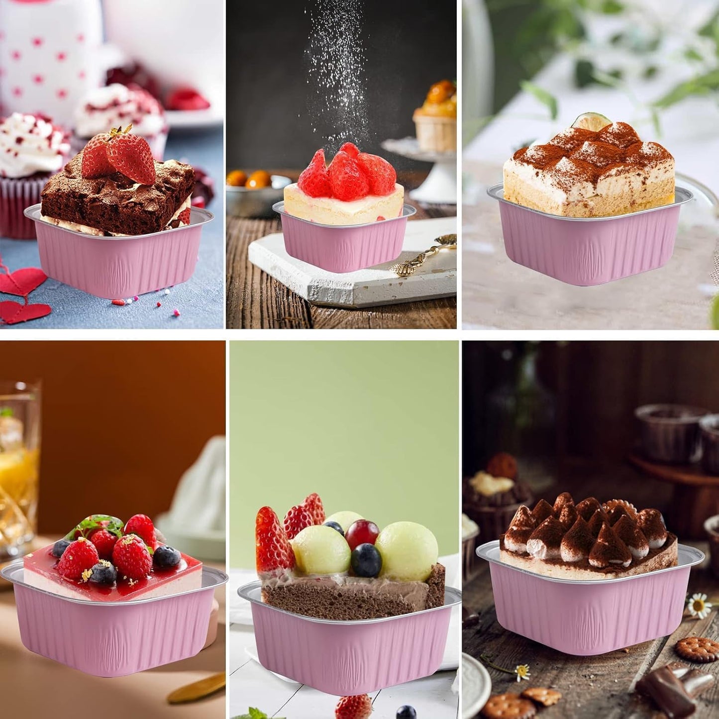Skiennix 50 Pack Aluminum Pans - 8"x8" Disposable Foil Containers with Plastic Lids for Baking & Storing | Pink