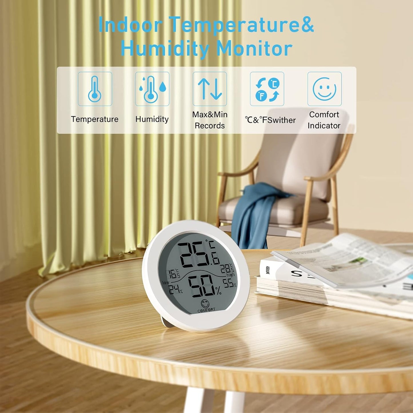 SECRUI Hygrometer Thermometer - Accurate Indoor Humidity & Temperature Meter | LCD Display, 2 Pack, White