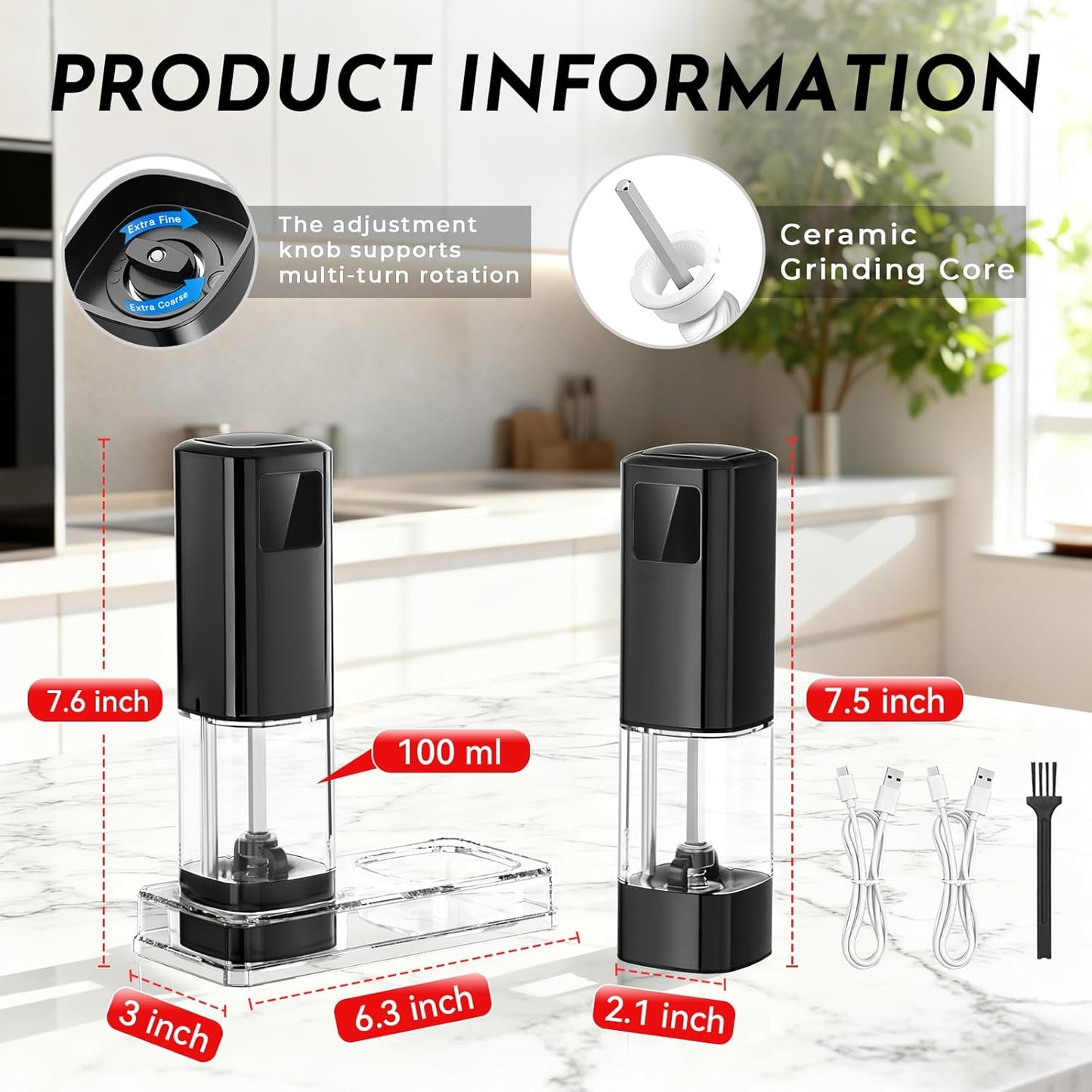 Skiennix Electric Salt and Pepper Grinder Set - Rechargeable with Digital Display & Adjustable Coarseness