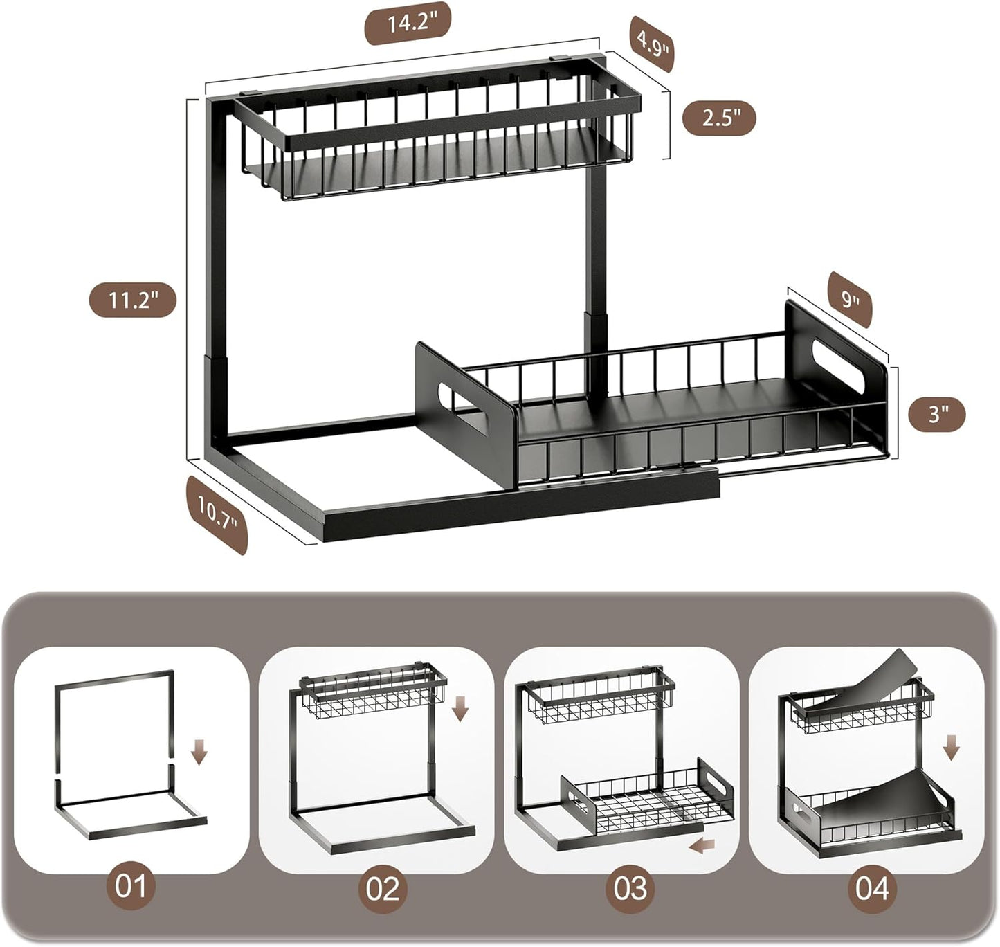 VUSIGN Under Sink Organizer - 2-Tier Metal Pull-Out Shelf for Kitchen & Bathroom - Black, 2 Pack