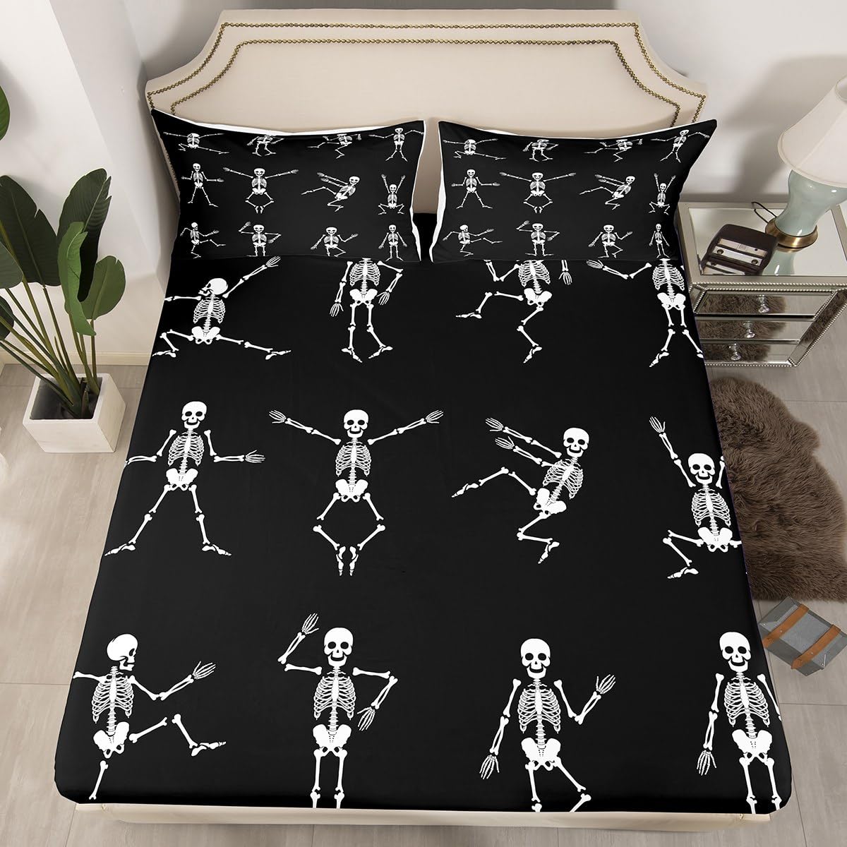 Erosebridal Sugar Skull Sheet Set Twin Size Skeleton Bones Bedding Set for Kids Boys Girls Teens Adult Halloween Horror Theme Fitted Sheet Gothic Spooky Bed Sheets 3 Pieces with 1 Pillow Case