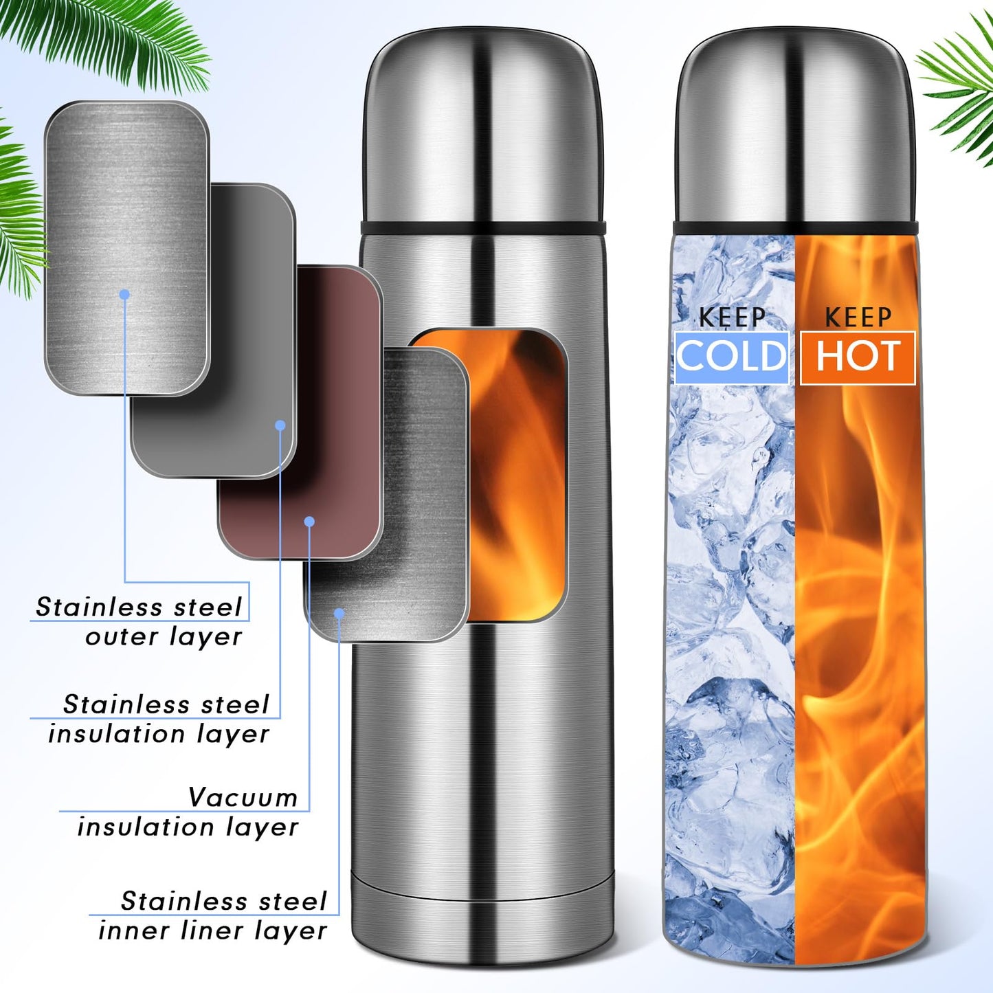 Domensi 4 Pcs Stainless Steel Thermal Bottle 17 oz/ 500 ml Hot Water Flask Coffee Travel Mugs with Cup Cafe Sealed Vacuum Insulated Bottles for Hot Drinks