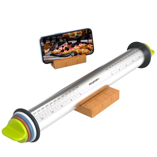 Aguegro Stainless Steel Rolling Pin with Thickness Rings and Wooden Stand Dough Thickness for Baking, Fondant, Pizza, Pie Crust, Cookies, Pastries, 13.6" Rolling Pin with 4 Multi-Color Thickness Rings