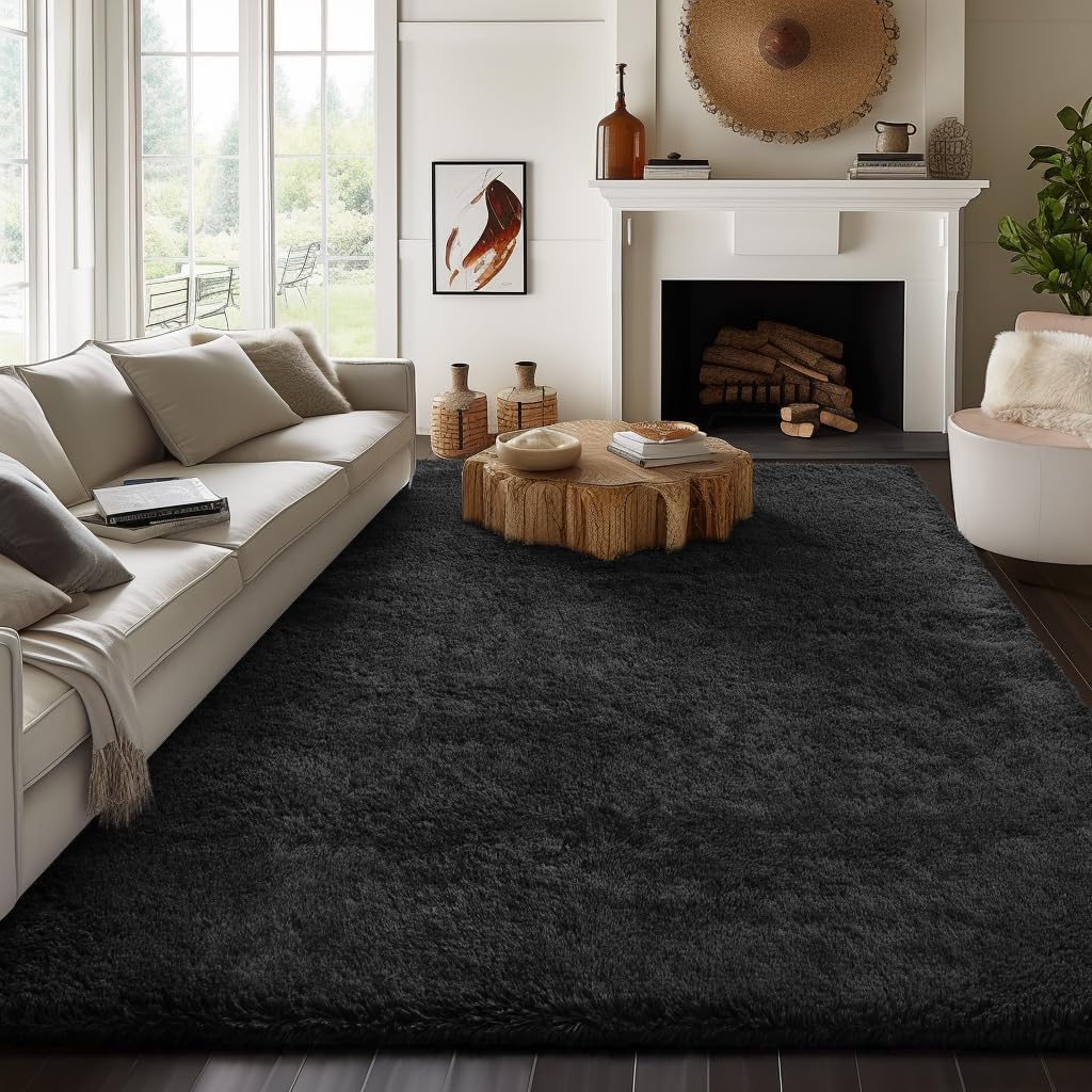 Ophanie 7x10 Black Area Rug - Soft Shag Carpet for Living Room & Nursery | Fluffy Indoor Decor
