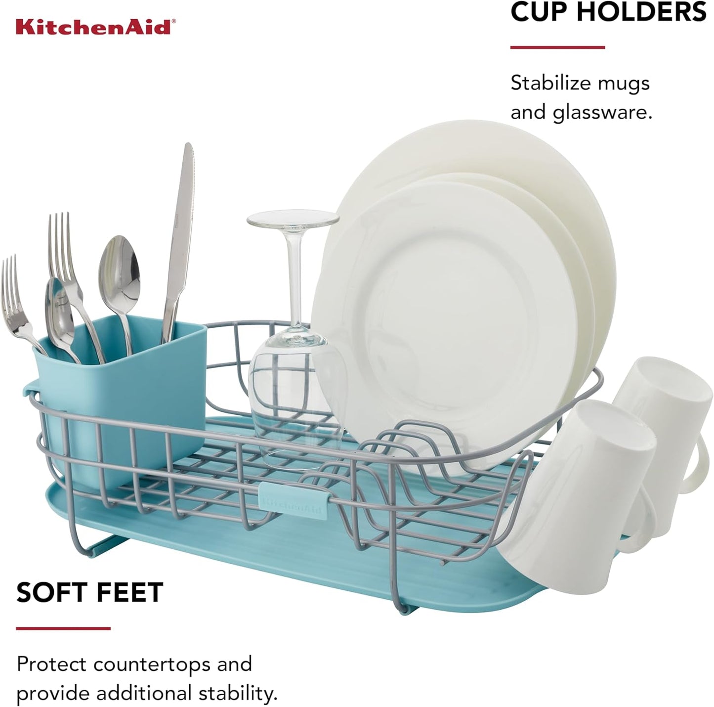 KitchenAid Low Profile Compact Dishrack - Removable Flatware Caddy & Self-Draining Board | Rust Resistant, 12.59 x 17.55 x 6.29 Inch, Mineral Water
