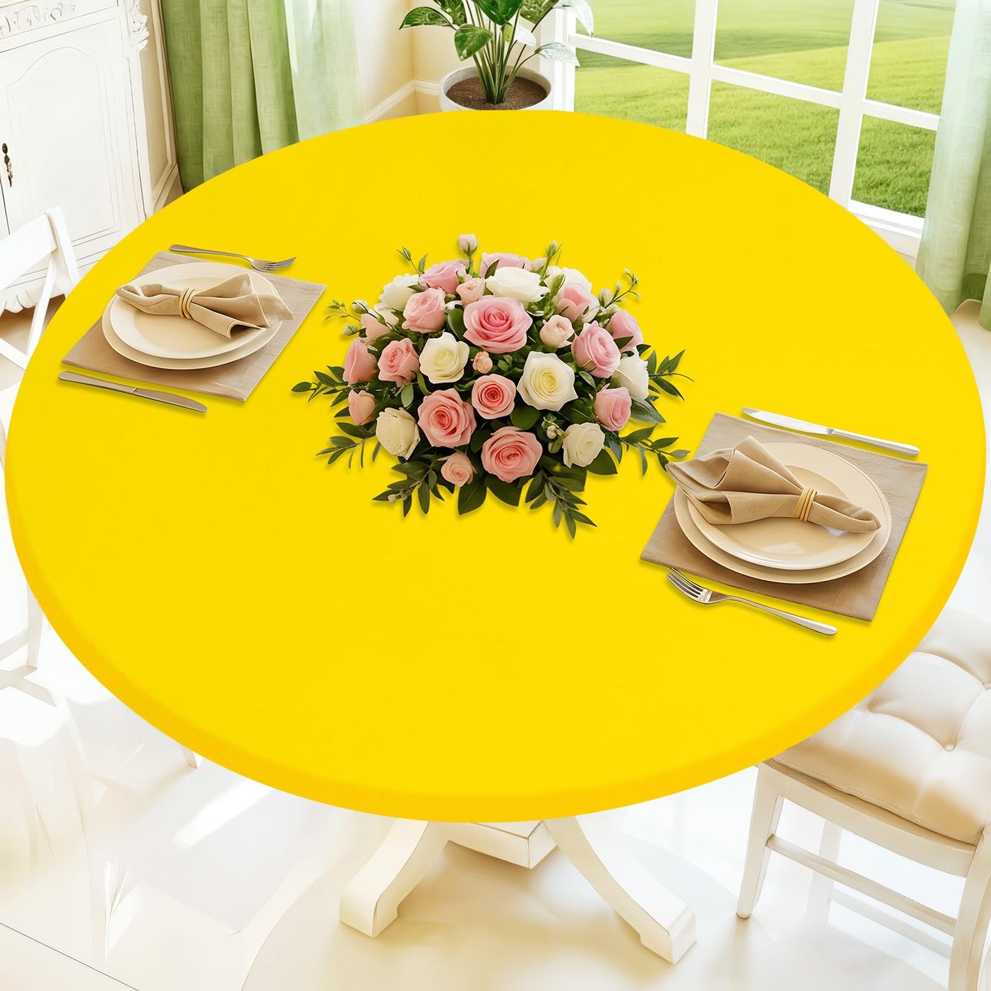 Moosfor Round Spandex Tablecloth, Elastic Fitted Waterproof Tablecloths for 18"-24" Tables, Stretch Washable Picnic Table Cover for Camping, Dining, Indoor and Outdoor, Yellow