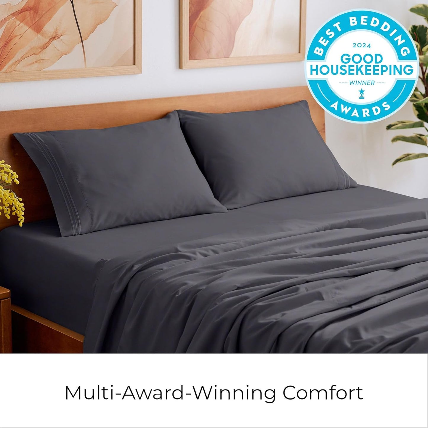 Mellanni Split King Sheets Set - 5 PC Luxury Bedding | Extra Soft, Cooling, Wrinkle-Resistant (Charcoal)