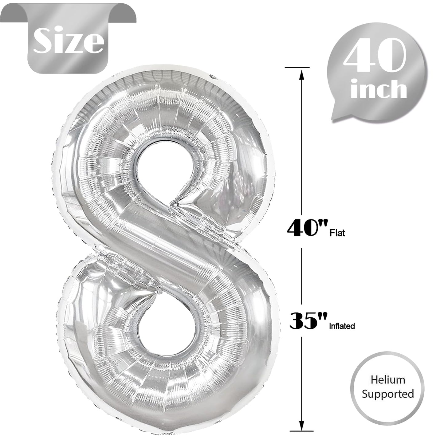Silver Number 8 Balloon 40 Inch, 8th Birthday Party Decorations for Children, Giant 8 Foil Balloon for Party Supplies