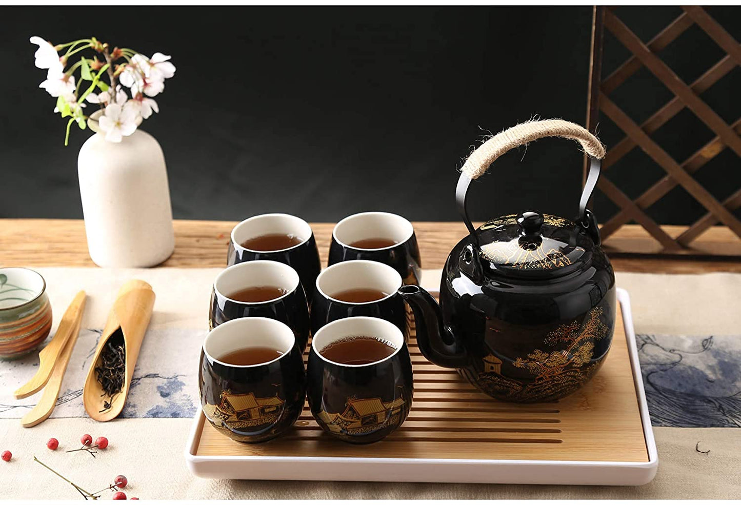 Dujust Japanese Tea Set, Black Porcelain Tea Set with 1 Teapot Set, 6 Tea Cups, 1 Tea Tray, 1 Stainless Infuser, Beautiful Asian Tea Sets for Adults, Tea Lover/Women/Men (Countryside in Golden)