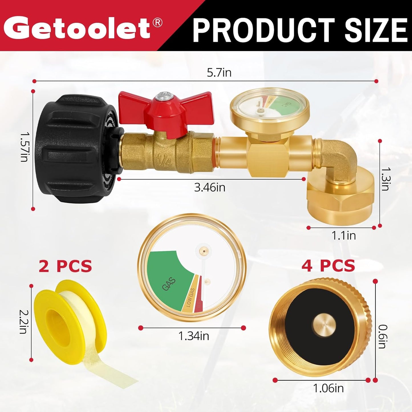 Propane Refill Adapter - Skiennix 1 lb Tank Converter with Valve & Gauge - Brass with 4 Caps