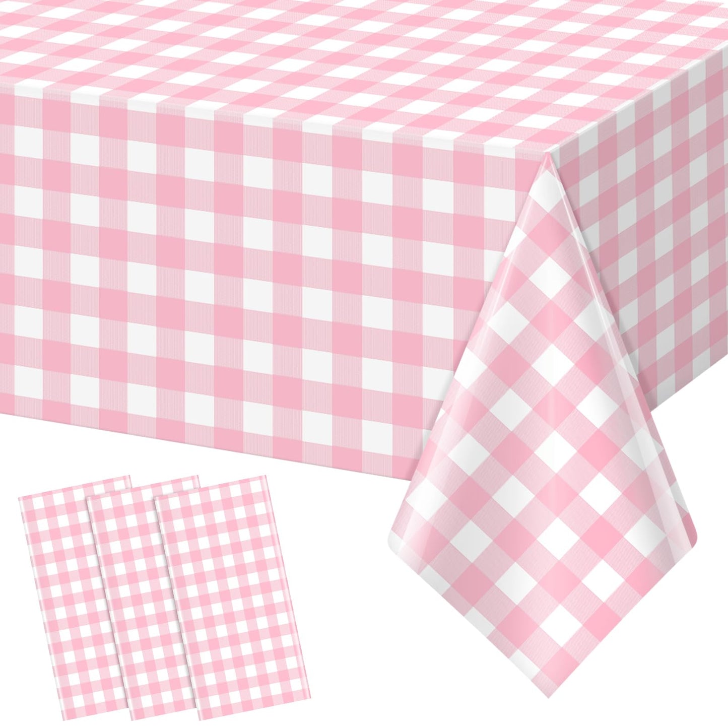 YIDAKO 3pcs 54X108inch Pink Checkered Tablecloth,Pink Gingham Tablecloths Buffalo Plaid Disposable Plastic Table Covers for Birthday Baby Shower Bridal Wedding Party Birthday Decorations