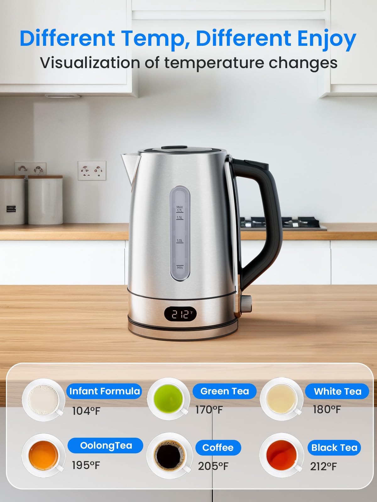 Kismile 1.7L 1500W Electric Kettle with 7-Precision Temperature Control, 2h Keep Warm, Auto Shut-Off, Water Level Window, Water Boiler for Coffee & Tea